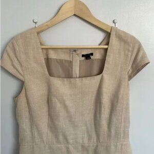 Ann Taylor Beige Square Neck Knee-length Faux Wrap Dress Cotton Linen Size 6